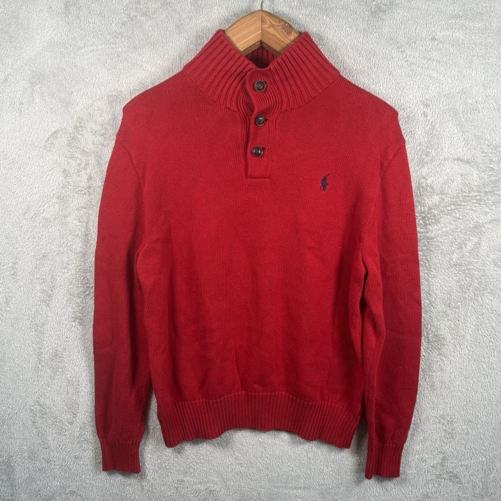 Polo Ralph Lauren Sweater Mens M Red Button Pullover Cotton Knit Mock Neck Logo